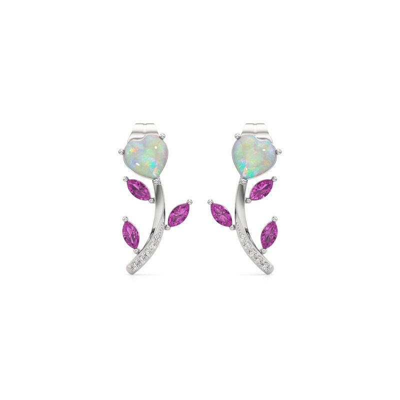 Main Image 3 of Heart-Shaped Lab-Created Opal with Pink and White Lab-Created Sapphire Flower Stud Earrings in Sterling Silver