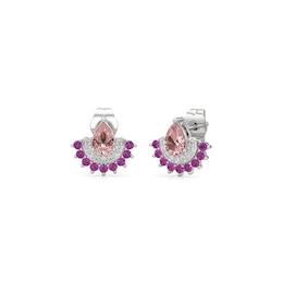 Pear-Shaped Pink Quartz with Pink and White Lab-Created Sapphire Fan Stud Earrings in Sterling Silver