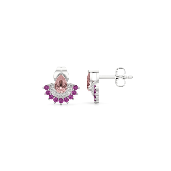 Pear-Shaped Pink Quartz with Pink and White Lab-Created Sapphire Fan Stud Earrings in Sterling Silver