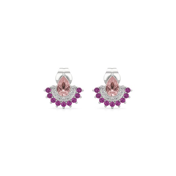 Pear-Shaped Pink Quartz with Pink and White Lab-Created Sapphire Fan Stud Earrings in Sterling Silver