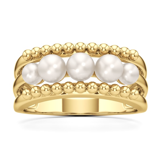 3.0-4.0mm Button Freshwater Cultured Pearl Beaded Border Ring in Sterling Silver with 24K Gold Plate
