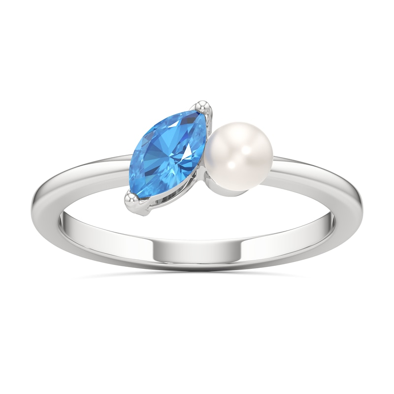 Main Image 1 of Marquise-Cut Swiss Blue Topaz and Freshwater Cultured Pearl Toi et Moi Ring in Sterling Silver