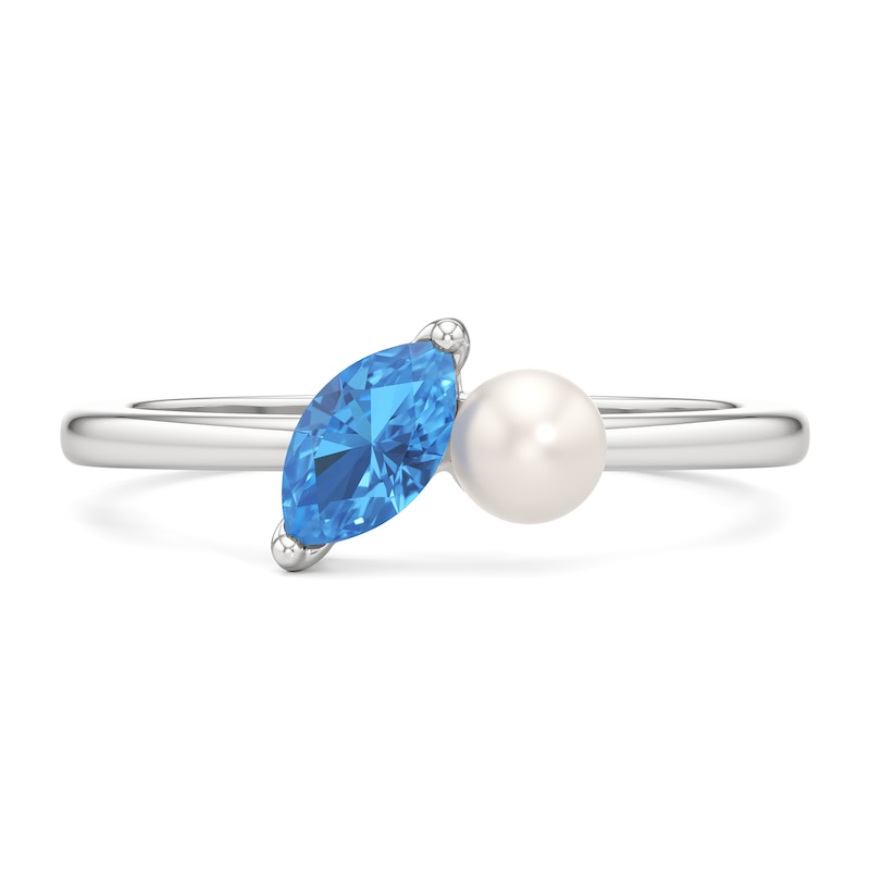Main Image 3 of Marquise-Cut Swiss Blue Topaz and Freshwater Cultured Pearl Toi et Moi Ring in Sterling Silver