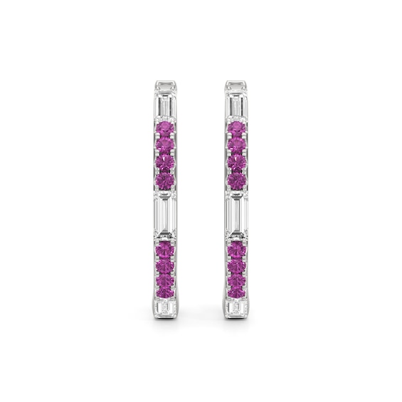 Baguette-Cut White and Pink Lab-Created Sapphire Hoop Earrings in Sterling Silver