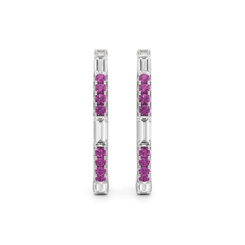 Main Image 1 of Baguette-Cut White and Pink Lab-Created Sapphire Hoop Earrings in Sterling Silver
