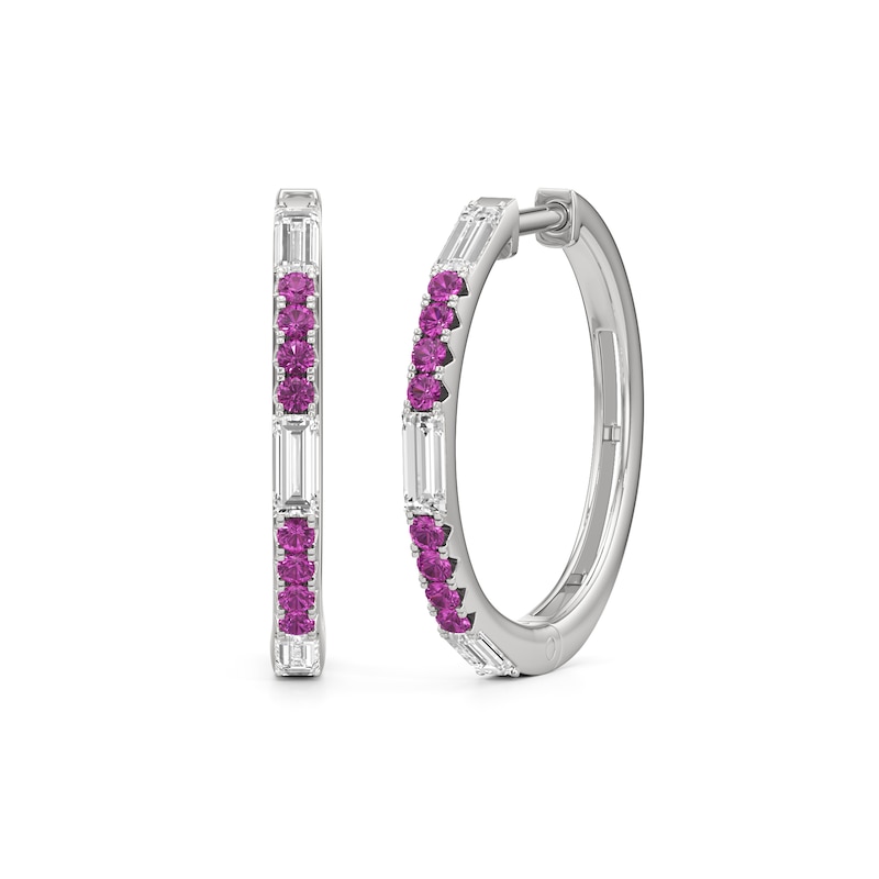 Main Image 2 of Baguette-Cut White and Pink Lab-Created Sapphire Hoop Earrings in Sterling Silver