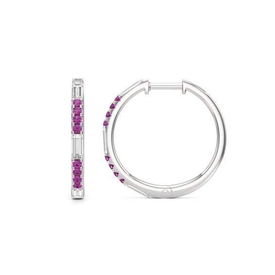 Baguette-Cut White and Pink Lab-Created Sapphire Hoop Earrings in Sterling Silver