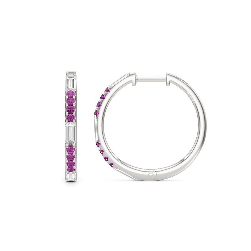 Main Image 3 of Baguette-Cut White and Pink Lab-Created Sapphire Hoop Earrings in Sterling Silver