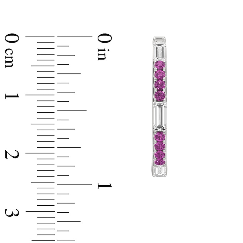 Main Image 4 of Baguette-Cut White and Pink Lab-Created Sapphire Hoop Earrings in Sterling Silver