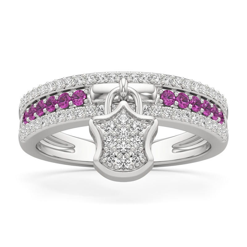 Main Image 1 of Pink and White Lab-Created Sapphire with 1/10 CT. T.W. Diamond Lock Ring in Sterling Silver