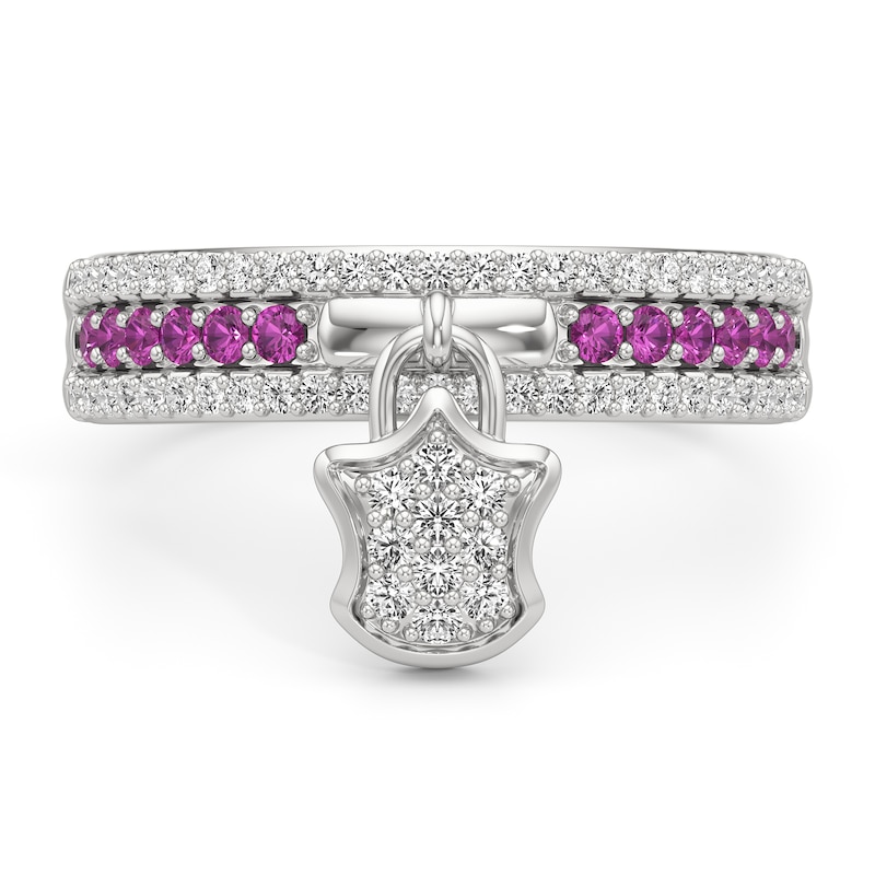 Main Image 2 of Pink and White Lab-Created Sapphire with 1/10 CT. T.W. Diamond Lock Ring in Sterling Silver
