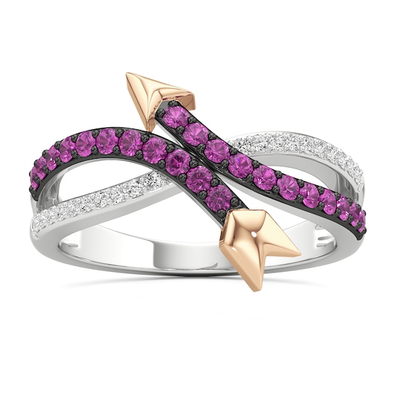 Pink and White Lab-Created Sapphire Arrow Crossover Ring in Sterling Silver and 14K Gold Plate