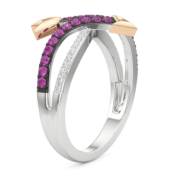 Pink and White Lab-Created Sapphire Arrow Crossover Ring in Sterling Silver and 14K Gold Plate