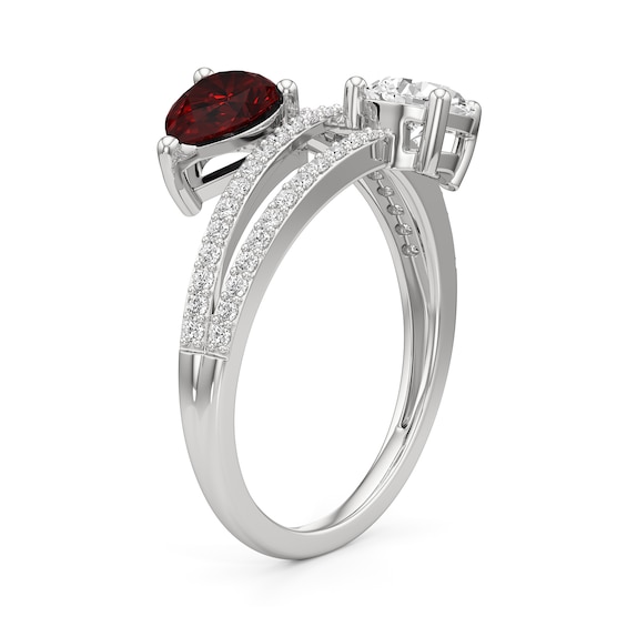 Pear-Shaped Garnet and White Lab-Created Sapphire Bypass Split Shank Ring in Sterling Silver