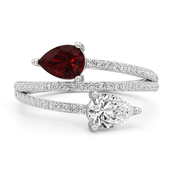 Pear-Shaped Garnet and White Lab-Created Sapphire Bypass Split Shank Ring in Sterling Silver