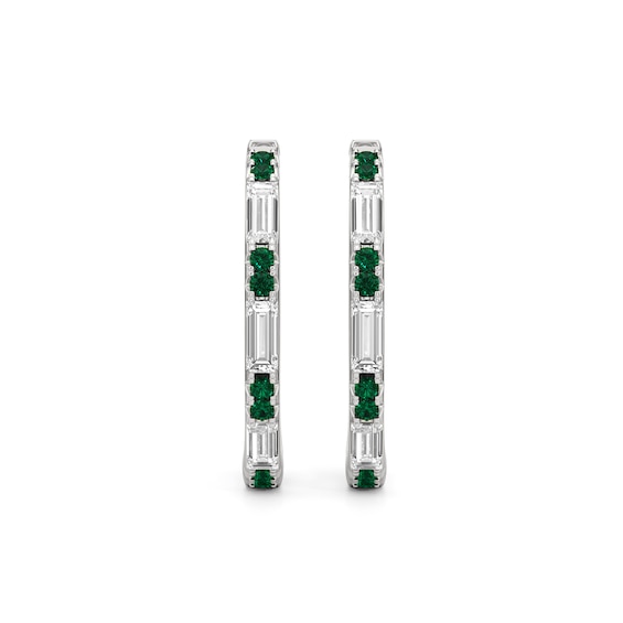 Baguette-Cut White Lab-Created Sapphire and Lab-Created Emerald Alternating Hoop Earrings in Sterling Silver