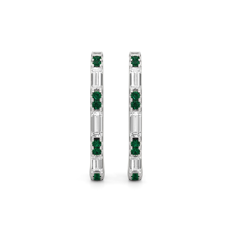 Main Image 1 of Baguette-Cut White Lab-Created Sapphire and Lab-Created Emerald Alternating Hoop Earrings in Sterling Silver