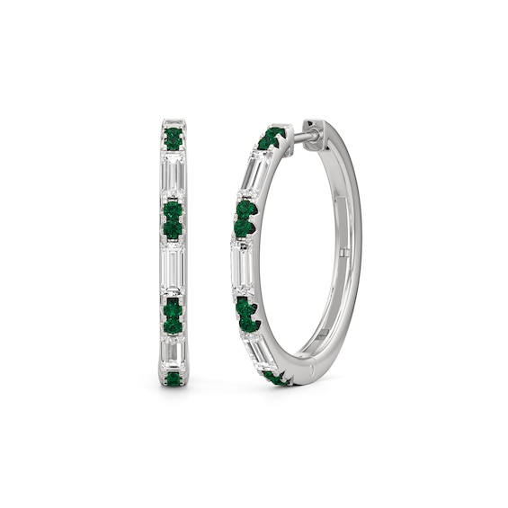 Baguette-Cut White Lab-Created Sapphire and Lab-Created Emerald Alternating Hoop Earrings in Sterling Silver