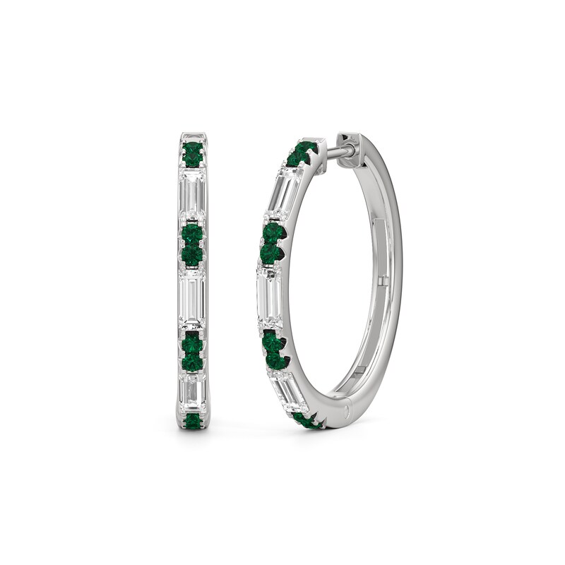 Main Image 2 of Baguette-Cut White Lab-Created Sapphire and Lab-Created Emerald Alternating Hoop Earrings in Sterling Silver