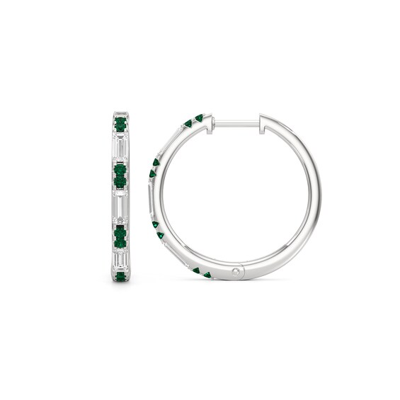 Baguette-Cut White Lab-Created Sapphire and Lab-Created Emerald Alternating Hoop Earrings in Sterling Silver
