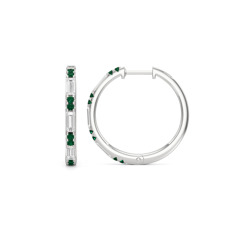 Main Image 3 of Baguette-Cut White Lab-Created Sapphire and Lab-Created Emerald Alternating Hoop Earrings in Sterling Silver