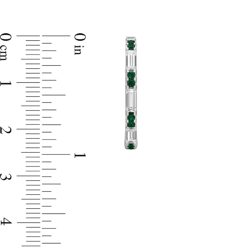 Main Image 4 of Baguette-Cut White Lab-Created Sapphire and Lab-Created Emerald Alternating Hoop Earrings in Sterling Silver