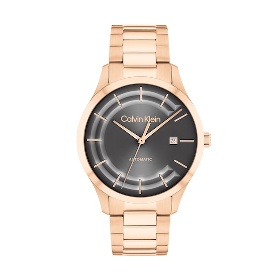Menâs Calvin Klein Iconic Rose-Tone IP Automatic Watch with Grey Dial (Model: 25300025)