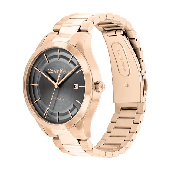 Menâs Calvin Klein Iconic Rose-Tone IP Automatic Watch with Grey Dial (Model: 25300025)