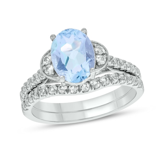 Oval Aquamarine and White Lab-Created Sapphire Collar Bridal Set in 10K White Gold