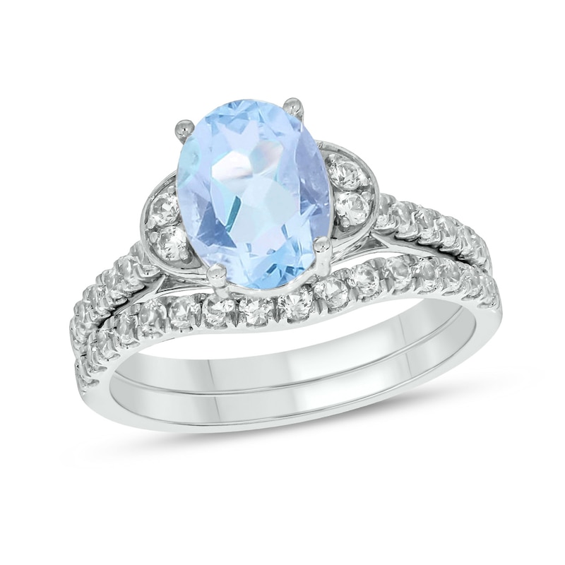 Main Image 1 of Oval Aquamarine and White Lab-Created Sapphire Collar Bridal Set in 10K White Gold