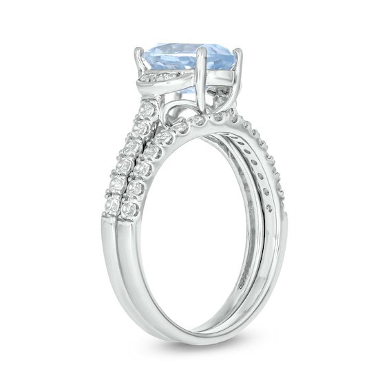 Oval Aquamarine and White Lab-Created Sapphire Collar Bridal Set in 10K White Gold