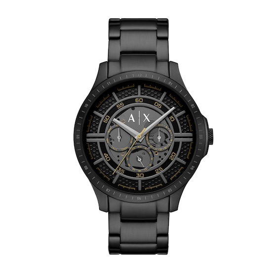 Menâs Armani Exchange Black IP Chronograph Watch with Black Skeleton Dial (Model: Ax2460)