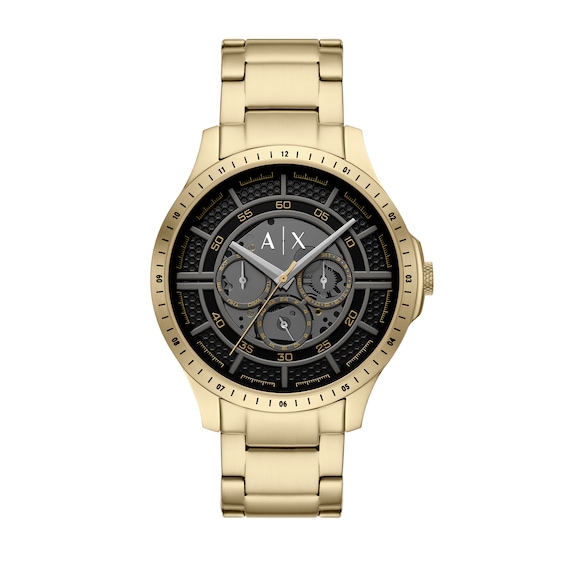 Menâs Armani Exchange Gold-Tone IP Chronograph Watch with Black Skeleton Dial (Model: Ax2461)