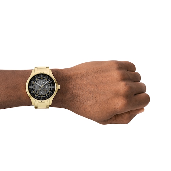 Menâs Armani Exchange Gold-Tone IP Chronograph Watch with Black Skeleton Dial (Model: Ax2461)
