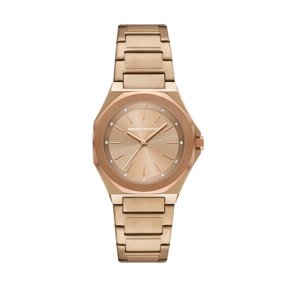 Ladiesâ Armani Exchange Andrea Crystal Accent Rose-Tone IP Watch with Rose-Tone Dial (Model: Ax4616)