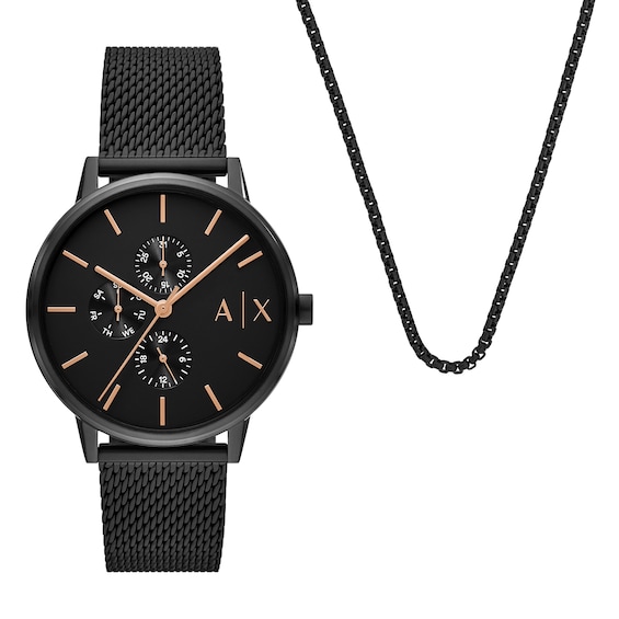 Menâs Armani Exchange Black IP Chronograph Mesh Watch and Box Chain Necklace Box Set (Model: Ax7162Set)