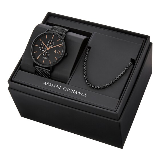 Menâs Armani Exchange Black IP Chronograph Mesh Watch and Box Chain Necklace Box Set (Model: Ax7162Set)