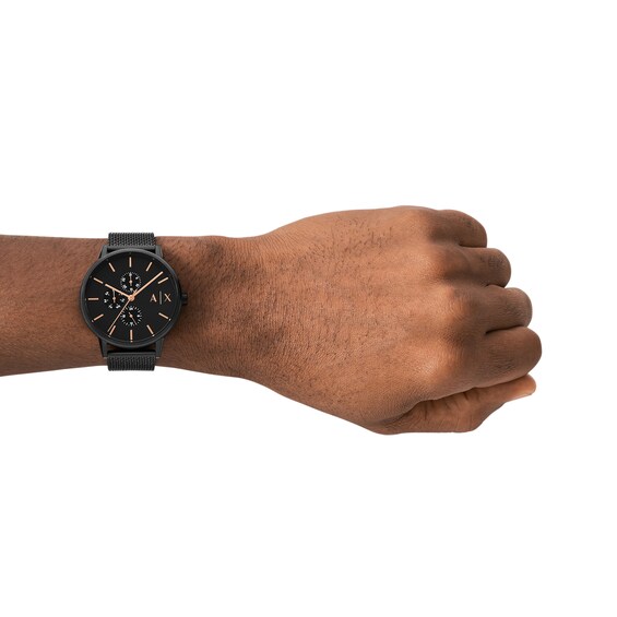 Menâs Armani Exchange Black IP Chronograph Mesh Watch and Box Chain Necklace Box Set (Model: Ax7162Set)