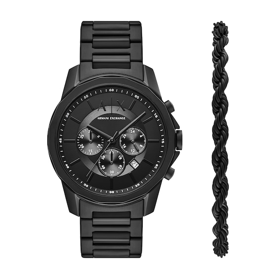 Menâs Armani Exchange Black IP Chronograph Watch and Rope Chain Bracelet Box Set (Model: Ax7163Set)