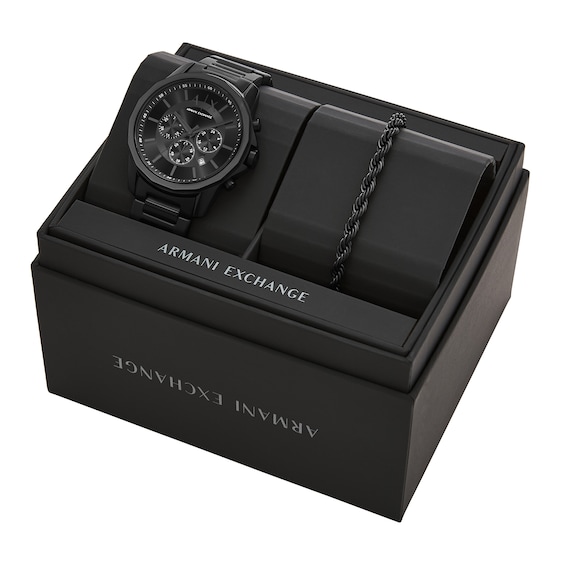 Menâs Armani Exchange Black IP Chronograph Watch and Rope Chain Bracelet Box Set (Model: Ax7163Set)