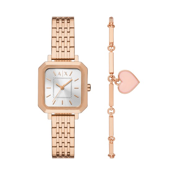 Ladiesâ Armani Exchange Rose-Tone IP Square Watch and Heart Bracelet Box Set (Model: Ax7164Set)