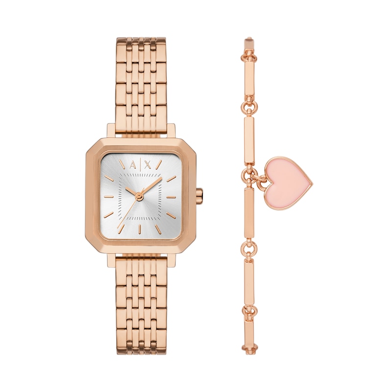 Main Image 1 of Ladies’ Armani Exchange  Rose-Tone IP Square Watch and Heart Bracelet Box Set (Model: AX7164SET)
