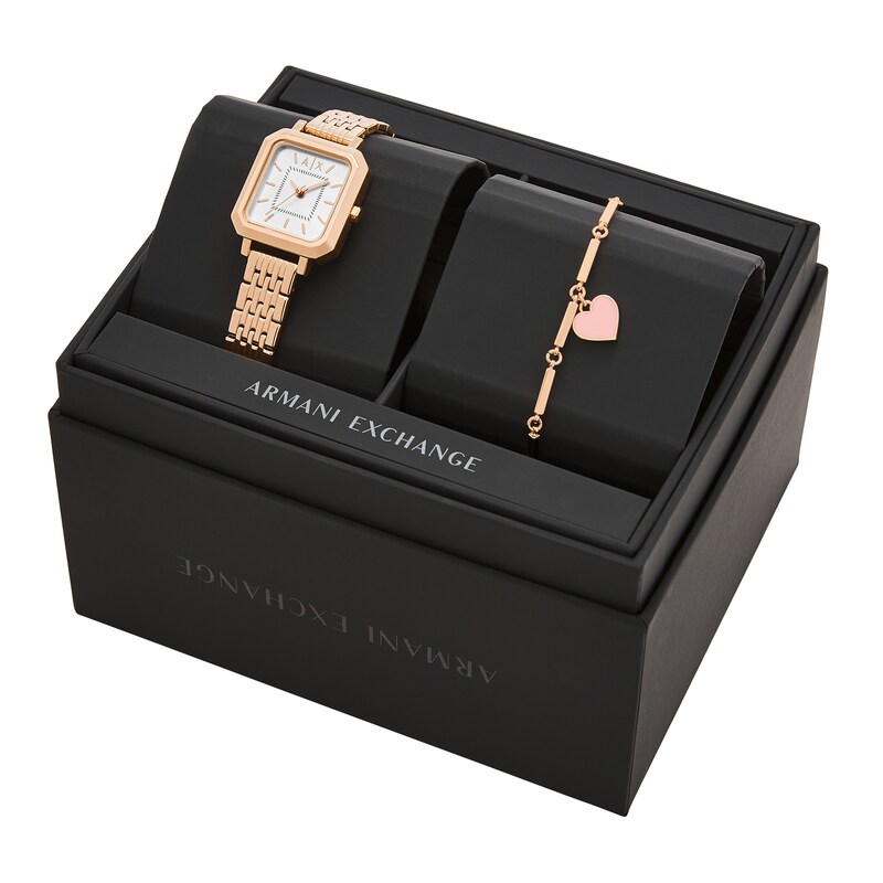 Main Image 4 of Ladies’ Armani Exchange  Rose-Tone IP Square Watch and Heart Bracelet Box Set (Model: AX7164SET)