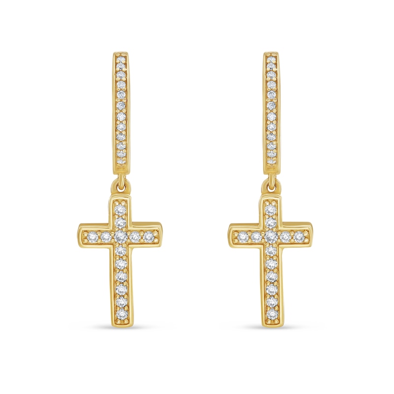 Main Image 1 of 1/3 CT. T.W. Diamond Cross Hoop Drop Earrings in 10K Gold