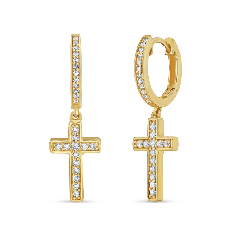 Main Image 3 of 1/3 CT. T.W. Diamond Cross Hoop Drop Earrings in 10K Gold