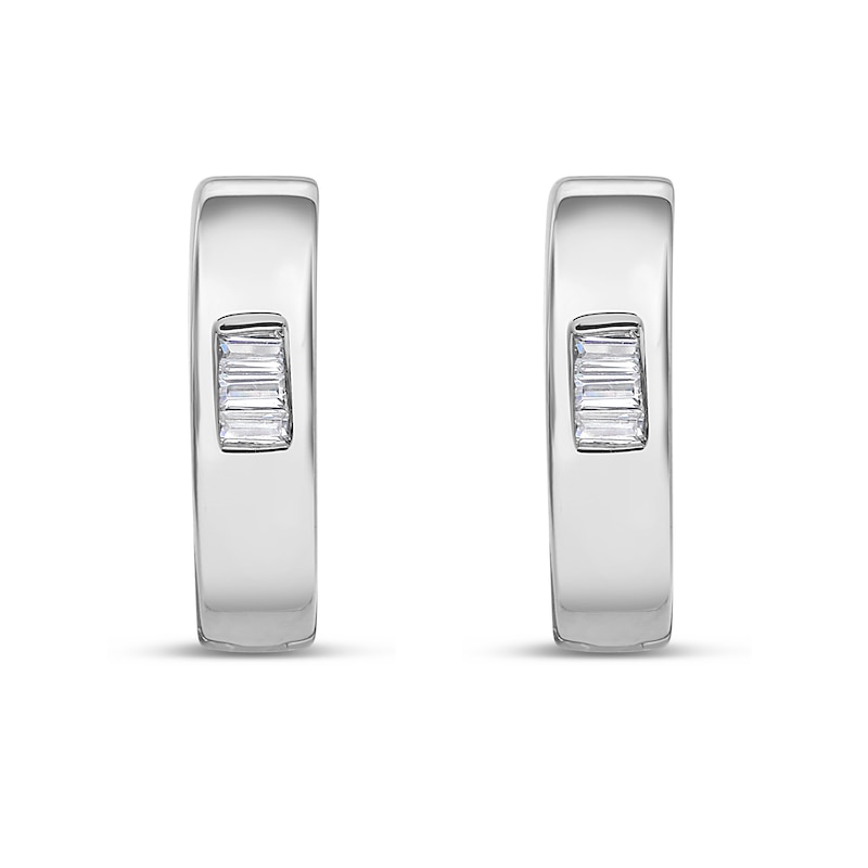 Main Image 1 of 1/10 CT. T.W. Baguette-Cut Diamond Three Stone Huggie Hoop Earrings in 10K White Gold