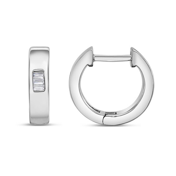 1/10 CT. T.w. Baguette-Cut Diamond Three Stone Huggie Hoop Earrings in 10K White Gold