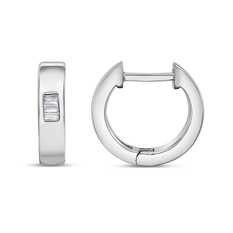 Main Image 2 of 1/10 CT. T.W. Baguette-Cut Diamond Three Stone Huggie Hoop Earrings in 10K White Gold