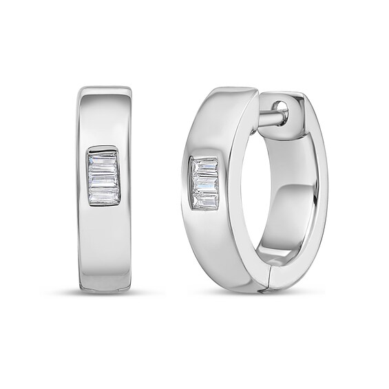 1/10 CT. T.w. Baguette-Cut Diamond Three Stone Huggie Hoop Earrings in 10K White Gold