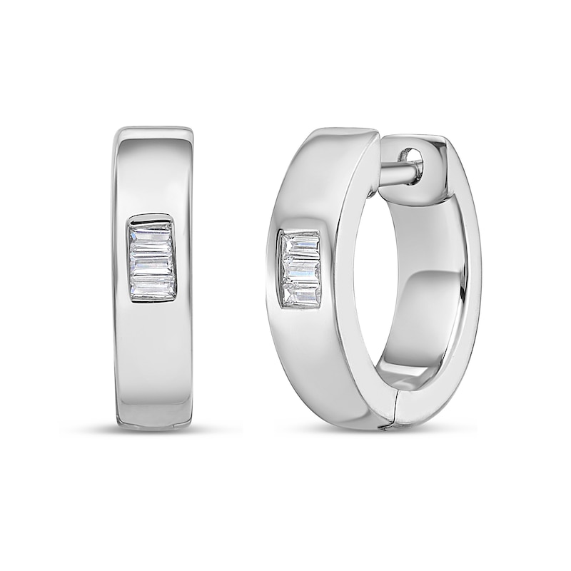 Main Image 3 of 1/10 CT. T.W. Baguette-Cut Diamond Three Stone Huggie Hoop Earrings in 10K White Gold